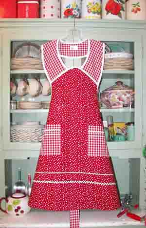 1940 red poka dot red gingham apron