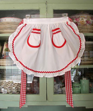1940 Ruffle White Half Apron with Red Trim