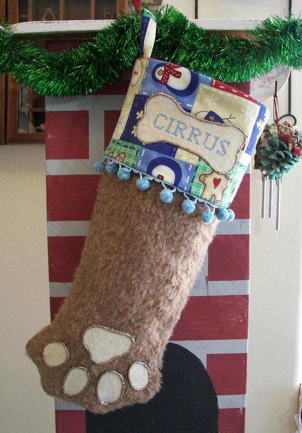 Dog Paw Christmas Stocking Brown with blue trim