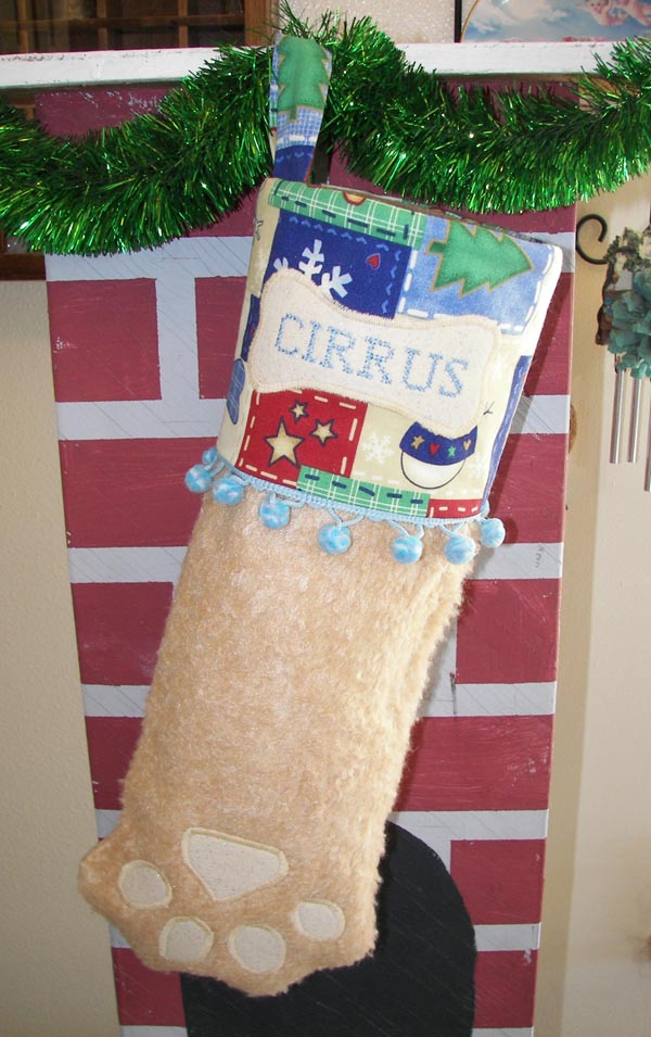 Dog Paw Christmas Stocking Tan with blue trim