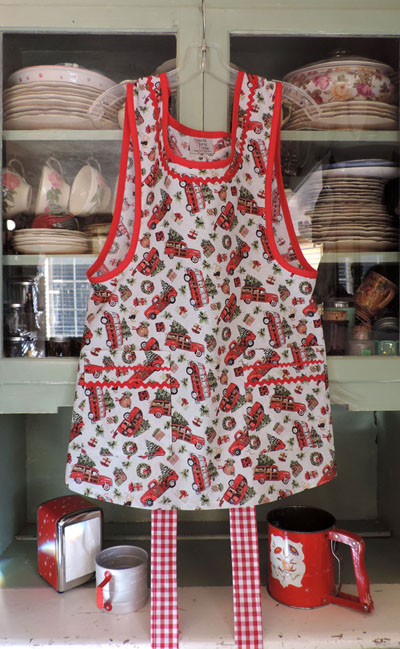 red truck and dog Christmas aprons