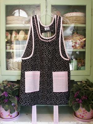 Grandma black / white polka dot with pink gingham pockets, click for larger view